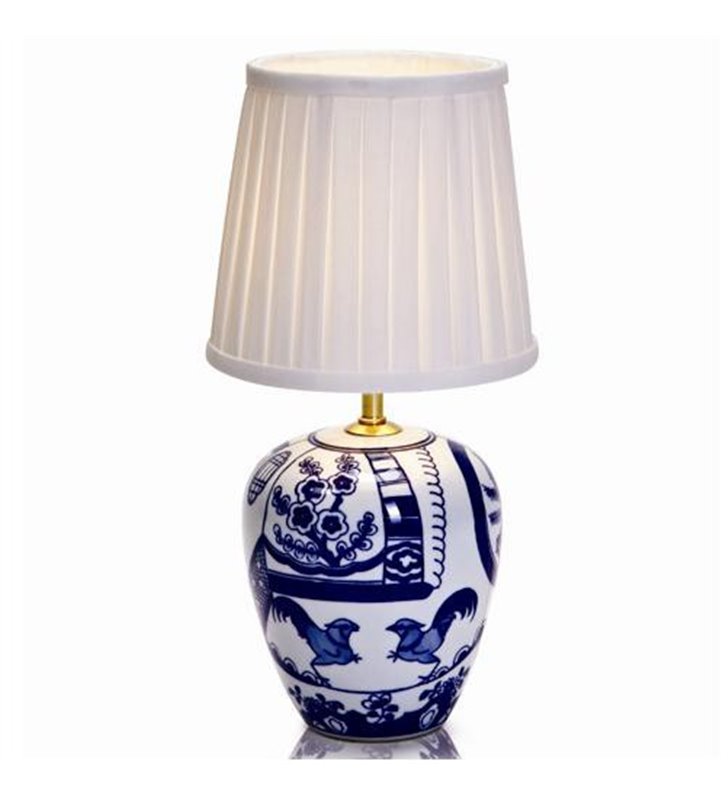 Lampa stołowa Goteborg stylowa klasyczna szklana biało niebieska podstawa z białym plisowanym abażurem