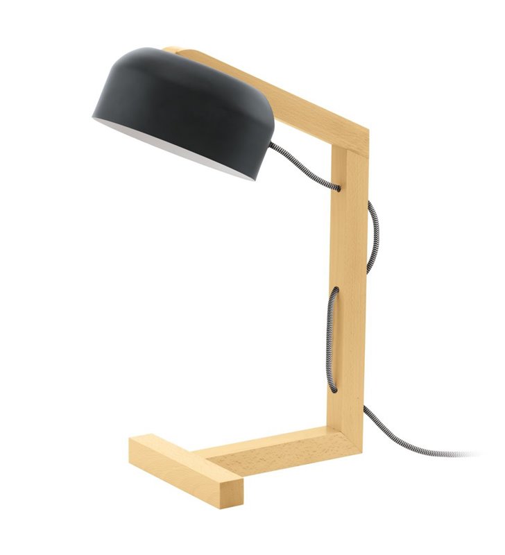 Lampa biurkowa Gizzera z drewnianą podstawą w stylu szwedzkim kabel czarno biały
