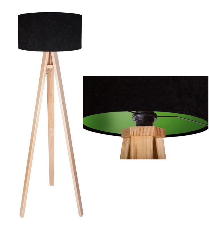 Lampa podłogowa Gloria Zielona czarny welurowy abażur z zielonym środkiem podstawa drewniana trójnóg do salonu jadalni sypialni