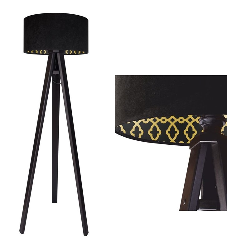 Lampa podłogowa Arletta czarna abażur welurowy z wewnętrznym nadrukiem 3 nogi z drewna