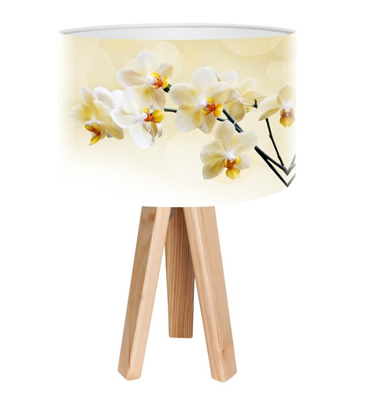 Jasna stołowa lampa na drewnianej podstawie Waniliowe Storczyki