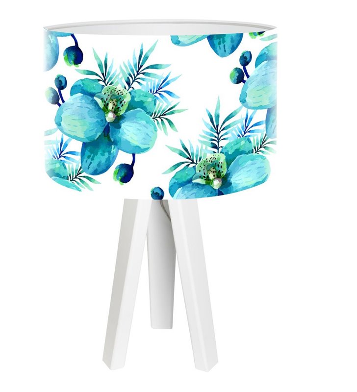 Biała lampa stołowa z abażurem w kwiaty Błękitny Storczyk 