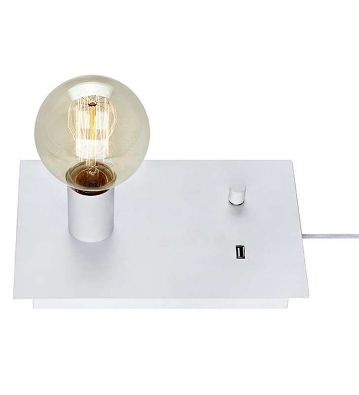 Prosta industrialna nowoczesna lampa stołowa Load z gniazdem USB biała bez klosza dekoracyjna żarówka