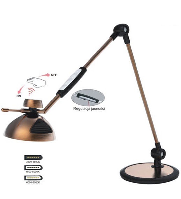 Nowoczesna łamana lampa biurkowa Morino mosiądz antyczny włącznik dotykowy regulacja jasności barwa światła 3300-6500K - OD RĘKI