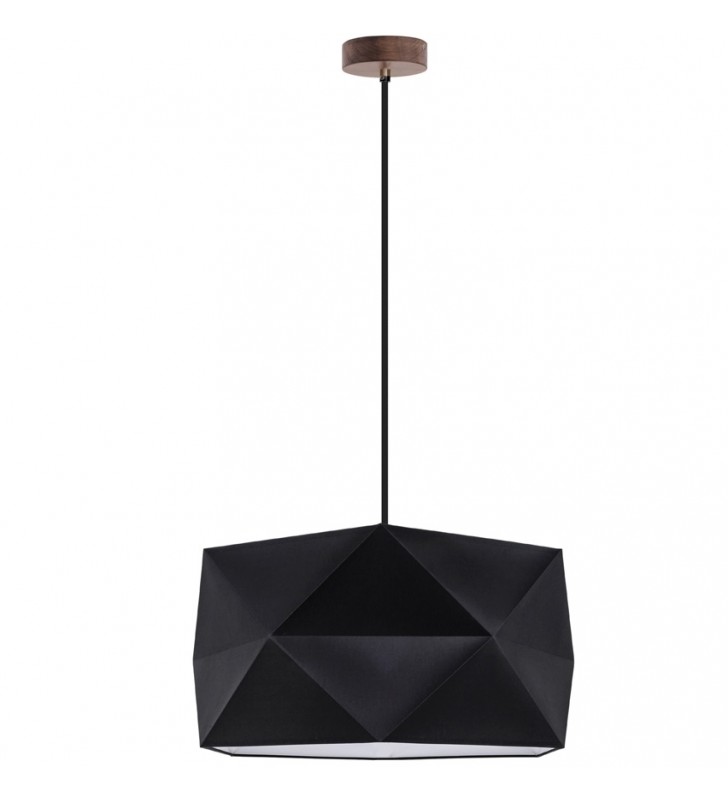 Czarna lampa wisząca Finja abażur 46cm geometryczny drewniana podsufitka kabel tekstylny do salonu sypialni jadalni kuchni